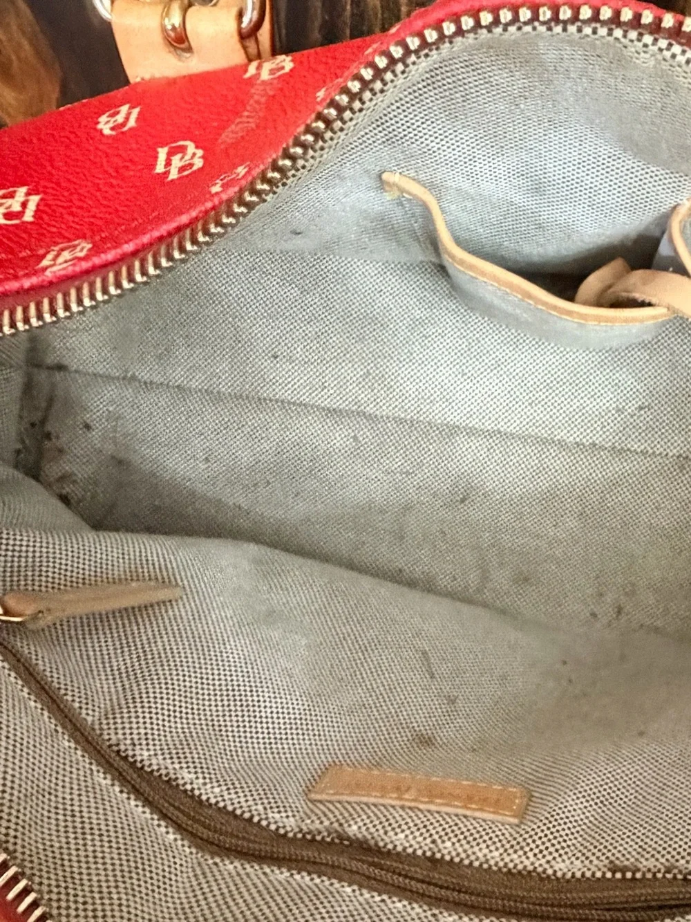 Dooney & Bourke Red Logo Canvas Shoulder Bag w/ Tan Leather Trim crossbody strap - Picture 10 of 13
